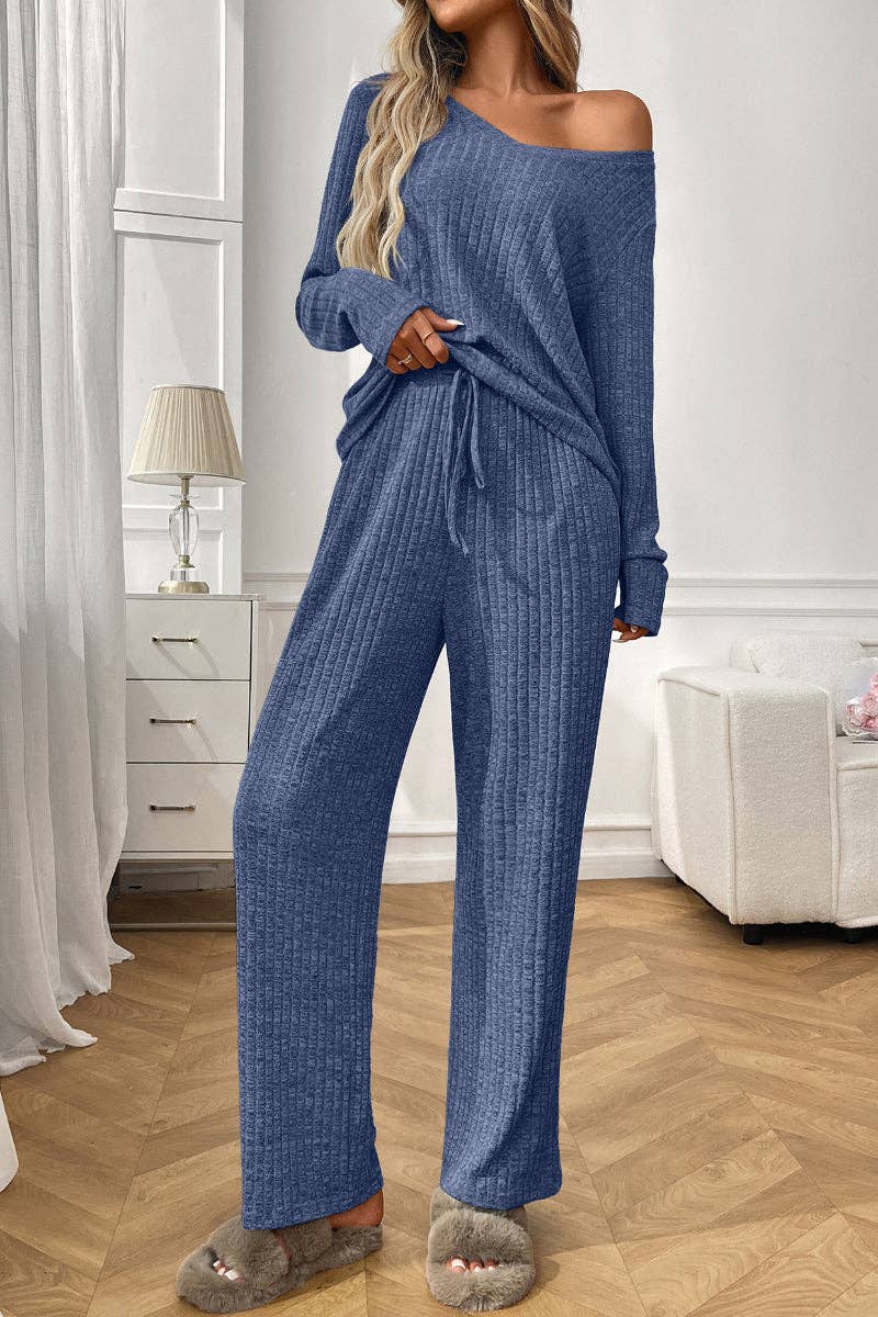 Lovesoft - Wholesale Lounge Set - Women's - Ribbed Knit Lounge Set with V Neck and Wide Pants3
