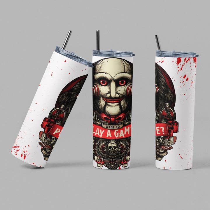 Jigsaw Horror Halloween Splatter Movie Inspired Tumbler for wholesale by The Geek Boutique