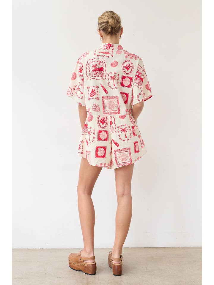 RED PALM TREE PRINT SHIRT ROMPER - RJP1013 for wholesale on Faire