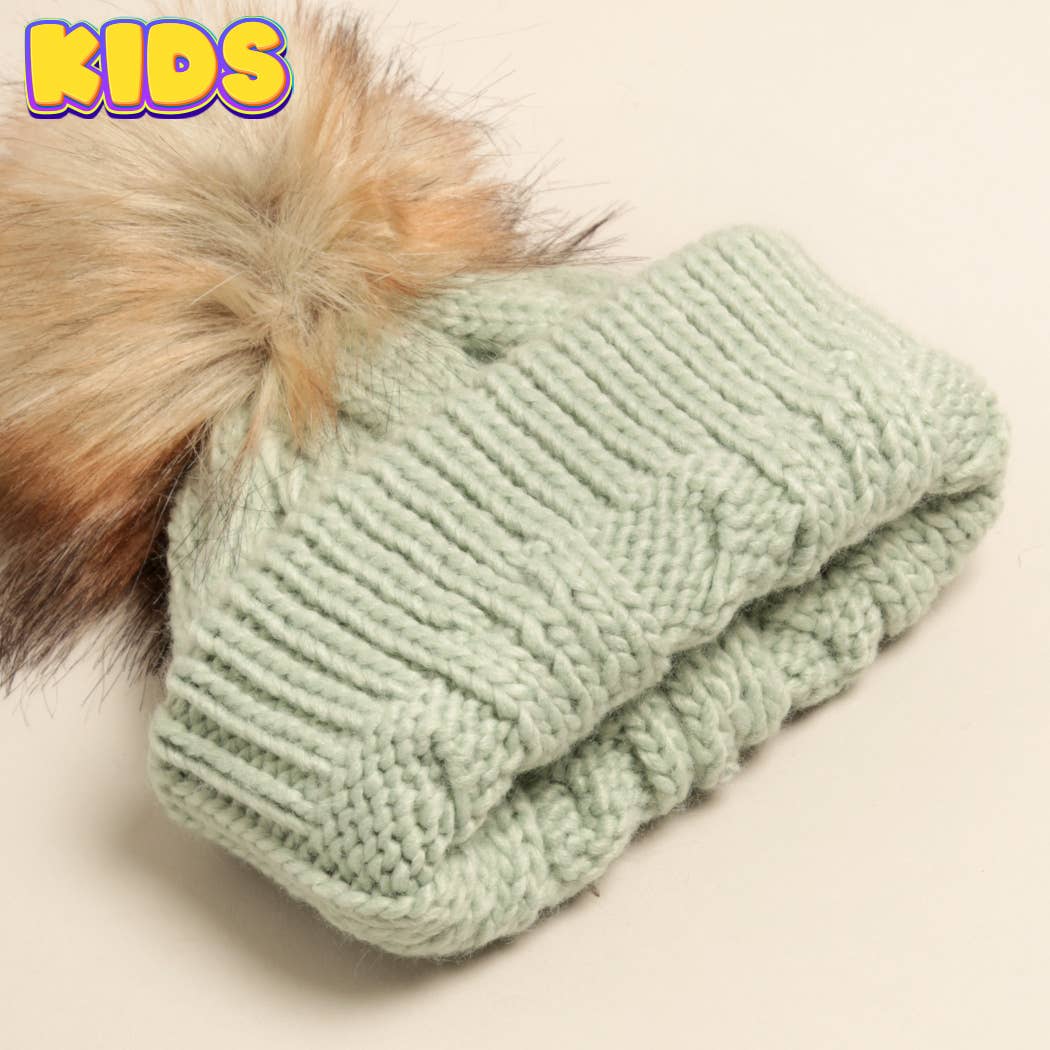 Fashion City - Wholesale Beanie - Kids - Kid's Cable Knitted Faux Fur Pom Beanie Hat6