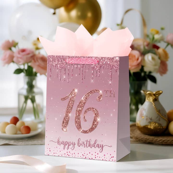 Custom Birthday Age Gift Bag with Tissue Paper-Pink Sweet for wholesale by Wrapaholic Gifts & Packing Company