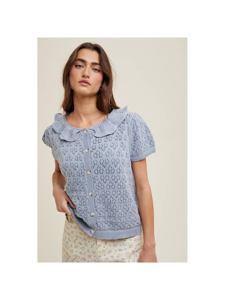 Wishlist Apparel - Wholesale Cardigan - Women's - RUFFLE COLLAR BUTTON UP OPEN-KNIT CARDIGAN / WL25-10425