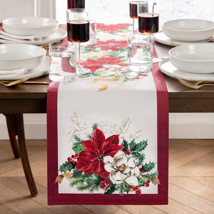Poinsettia Garlands Holiday/Christmas Table Runner - 13x70 for wholesale by Threadmade Home