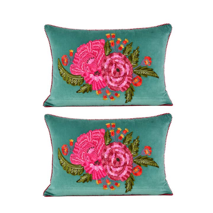 2ABFLCC721_PG SET/2 FLORAL PILLOW VELVT P.GREEN 16x24" for wholesale by Karma Living