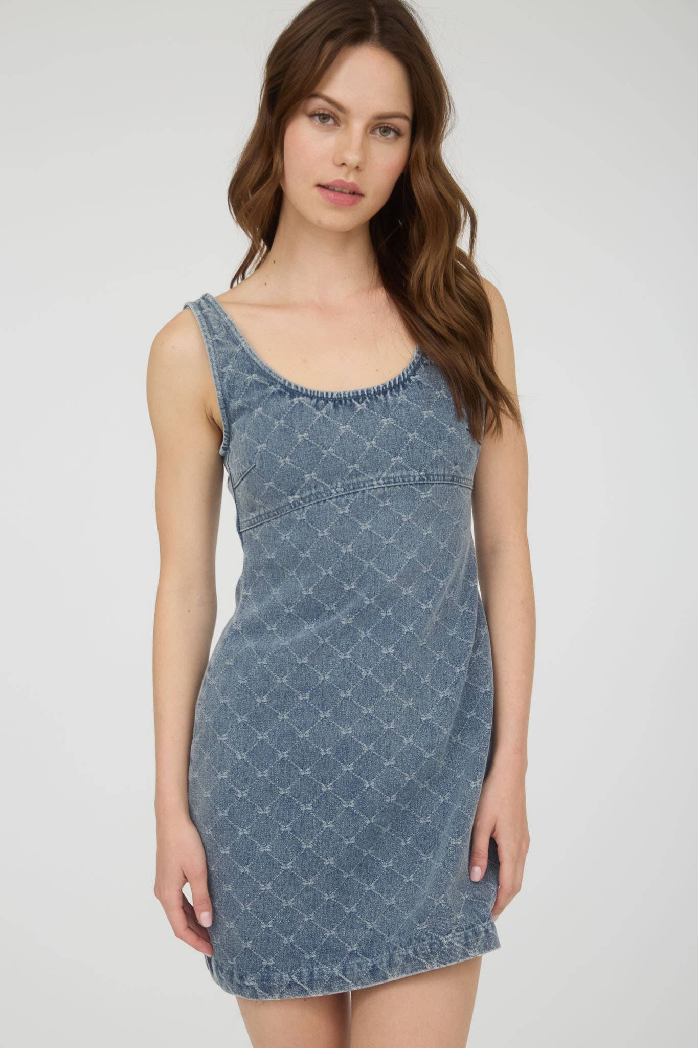 BOW PATTERN SLEEVELESS DENIM MINI DRESS for wholesale on Faire