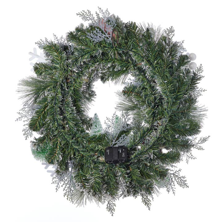 Seasonal LLC - Wholesale Wreath - Snowy Cottage Wreath 26in Pre-Lit with 50 LED Fairy Lights B/O