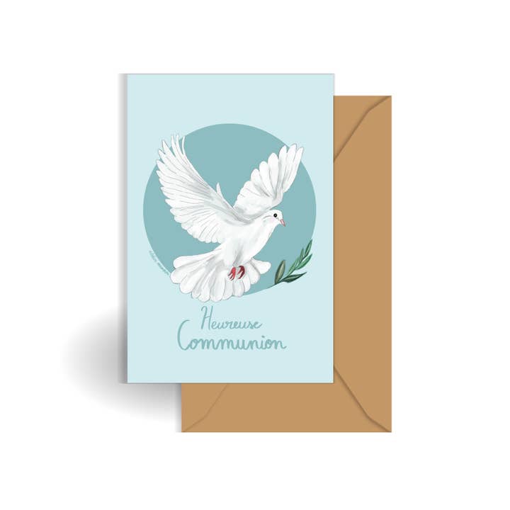 Cartão "Pomba Feliz Comunhão" versão azul por atacado de Atelier Mamour