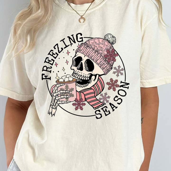 Freezing Season Pink Skeleton Comfort Colors Tee for wholesale by Kissed Apparel