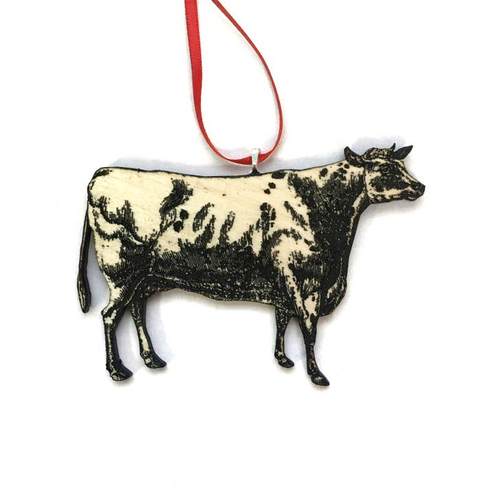 Kuh-Ornament aus graviertem und lasergeschnittenem Holz für den Großhandel von Toad Hill Farm
