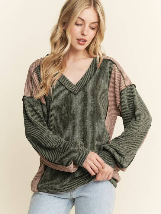 HEIMISH - Wholesale Knit Top - Women's - ET7741-10 LONG SLEEVE SOLID URBAN RIB COLOR BLOCK KNIT TOP11