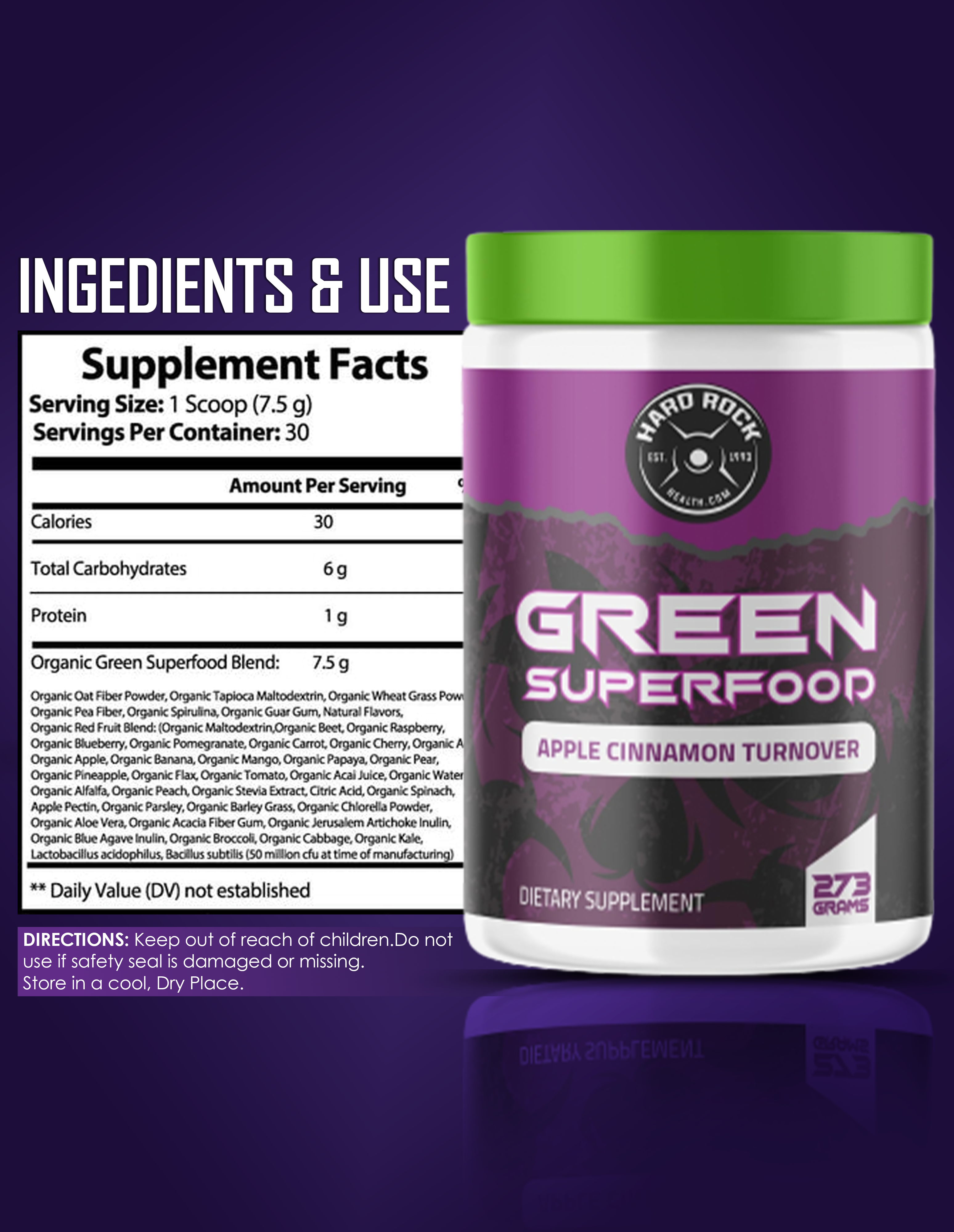 Hard Rock Health Stores – Proteína/Superalimento em pó por atacado – Volume de negócios Green Superfood Maçã Canela (273 g)1