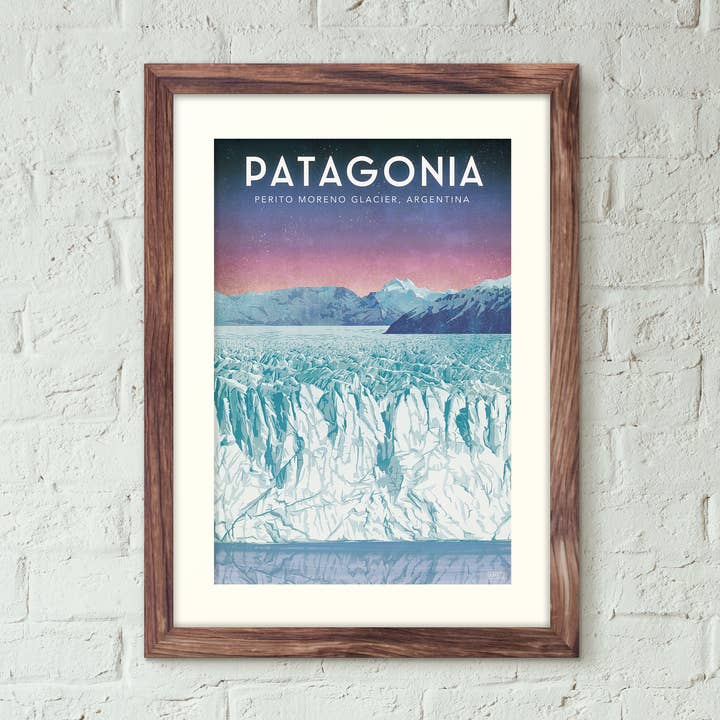 Argentine, glacier de Patagonie - Affiche de voyage de style vintage pour la vente par Missy Ames Design and Illustration
