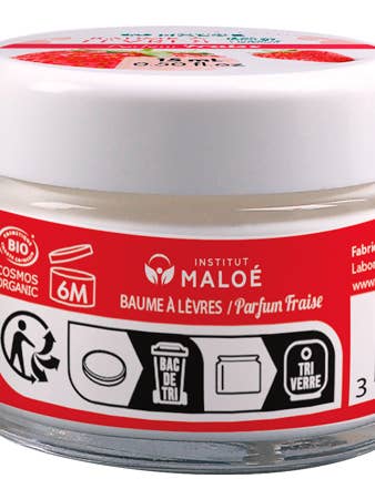 Organic lip balm scented with strawberry essential oil - for wholesale by Institut Maloé