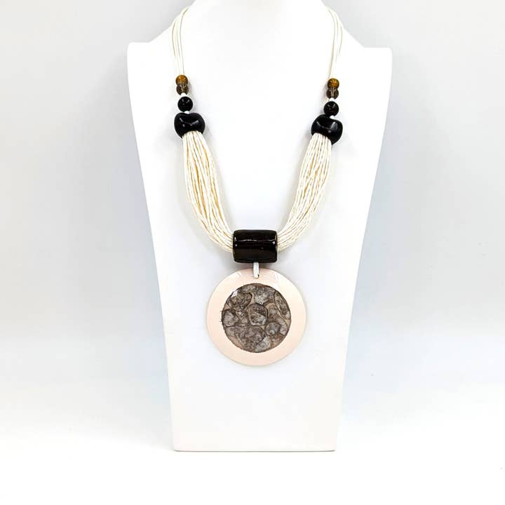 Luxury twine necklace with resin disc and shell inlay and cord for wholesale by Tempest Designs