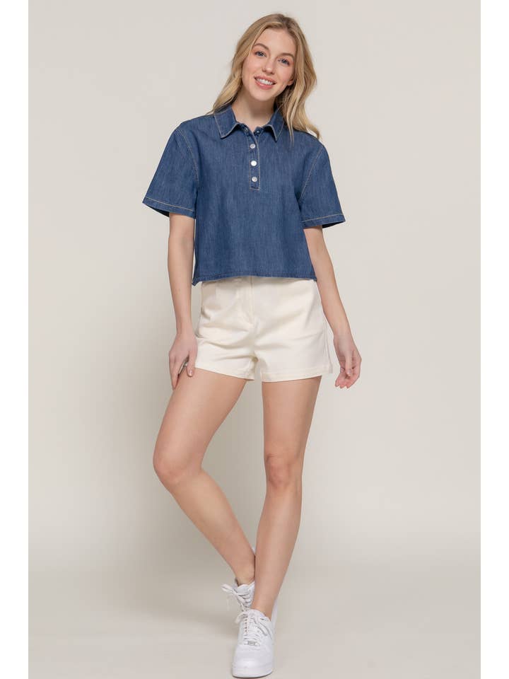 Blauw-donker denim Boxy spijkerblouse met korte mouwen voor groothandel op Faire