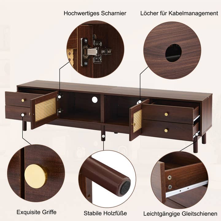 Urban Meuble - Wholesale Console Table - Vintage-style walnut wood effect TV stand with 2 rattan doors, 4 drawers 180*35*44cm KUQON10