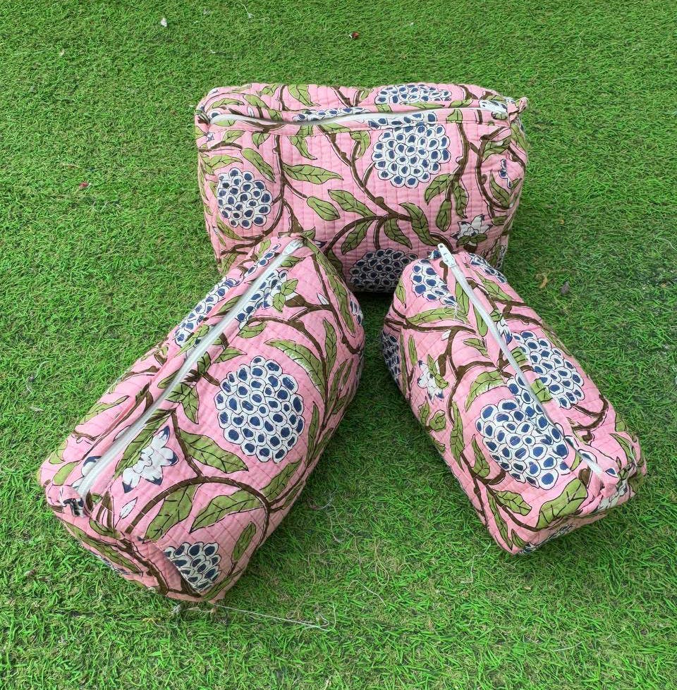 bhavnas boutique – bolsa de maquilhagem e cosméticos por atacado – Bolsa de Cosméticos Grande Estampada em Salmão Algodão Indiano Acolchoado0