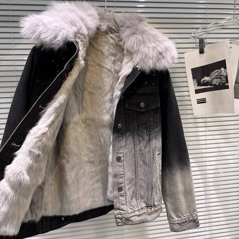 Productseeker - Wholesale Spijkerjack/spijkerjas - Dames - CT142 2025 Winter Gradient Spijkerjas met Vossenbontkraag11