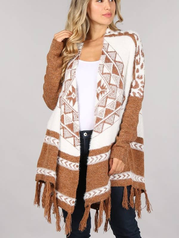 OUG15119 Poncho-Cardigan-Pullover aus Tribal-Strick mit Fransen für den Großhandel von Oceanus Apparel