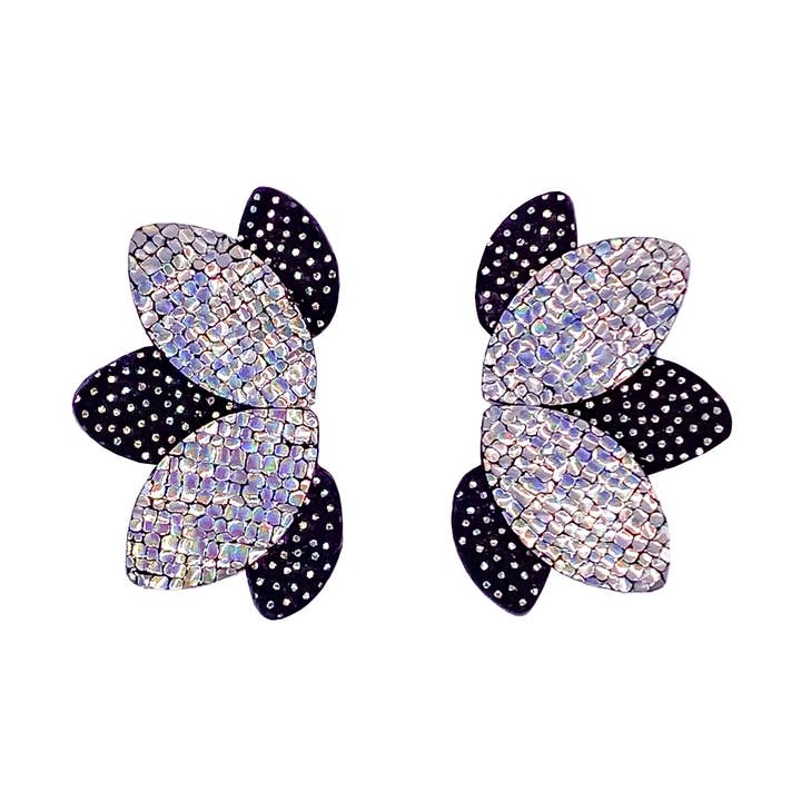 Black and silver leather flower stud earrings for wholesale by Manali
