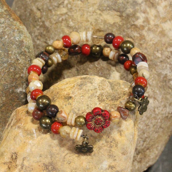 The Primitive Peddler, Inc. - Wholesale Beaded Bracelet - Red Czech Flower Stone Wrap Bracelet