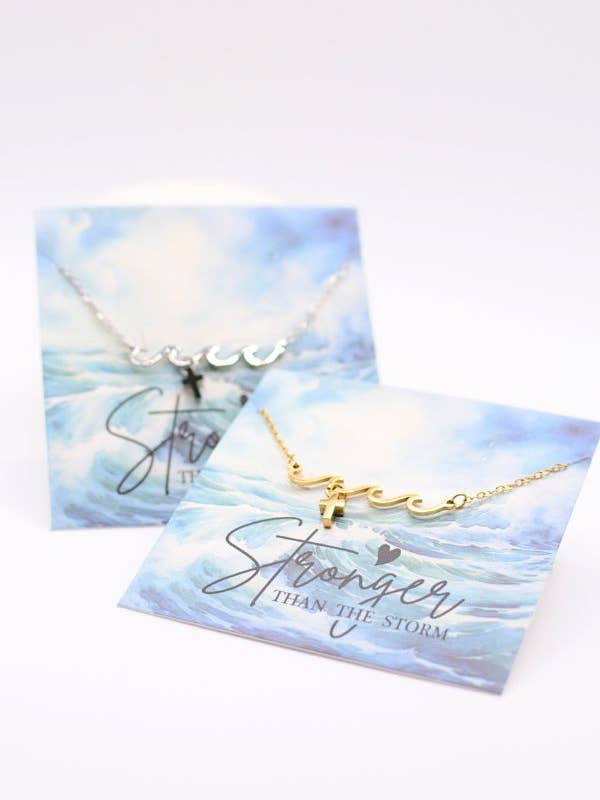 Scripture Faith Necklace, Stronger Than the Storm Wave Cross for wholesale by Two and Crew - Faith Based Jewelry & Gifts