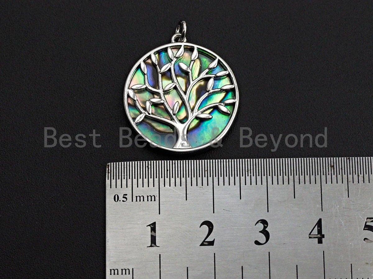 BestBeads&Beyond - Vendita all'ingrosso Ciondolo/pendente - Ciondolo rotondo con intarsio di abalone, ciondolo in zirconi cubici con albero in filo d'oro, fascino abalone, 22x24mm, Sku #Z8924