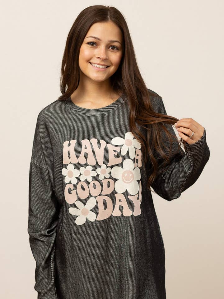 Have A Good Day on Black Ribbed Long-sleeve Top for wholesale by GRACE+EMMA by Southern Grace
