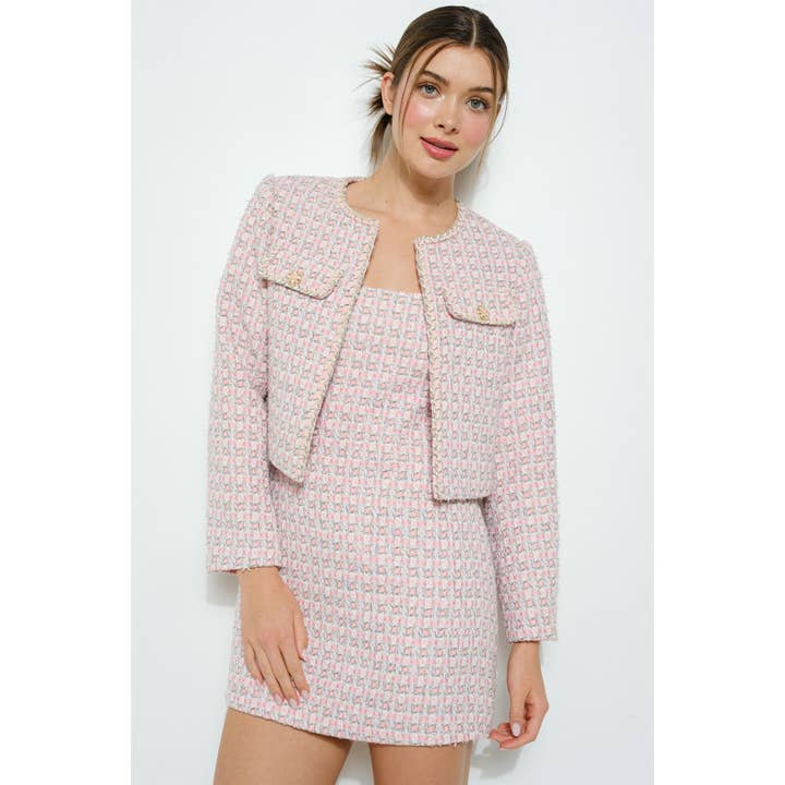 Chaqueta corta de tweed pastel con ribete trenzado para venta al por mayor de INA