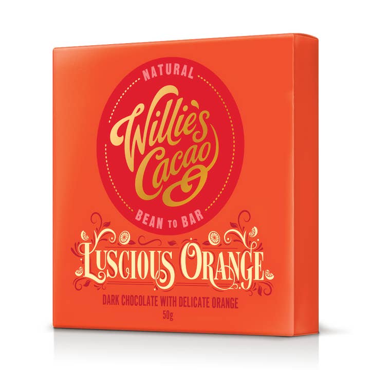 Luscious Orange. Dark Chocolate with Orange bar. Vegan. for wholesale by Willie's Cacao USA