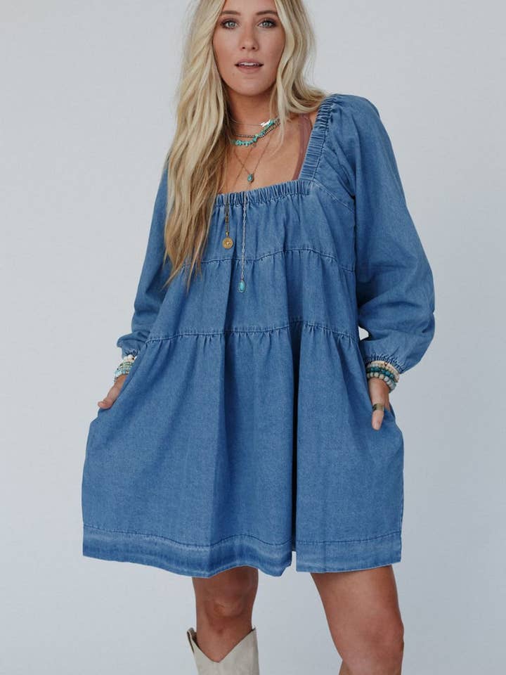 Dusk Blue Square Neck Denim Mini Dress with Side Pockets for wholesale on Faire16