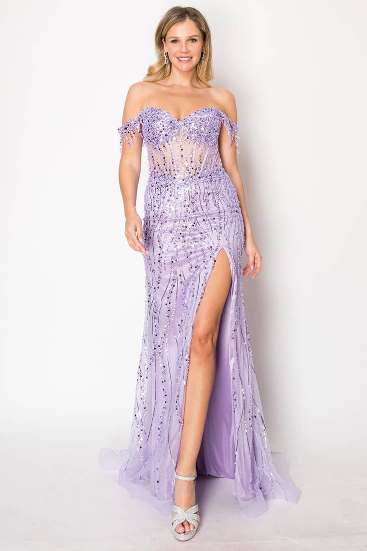 Chicas - Wholesale Gown - Women's - Off the Shoulder Sequin and Bead Long Dress C3313