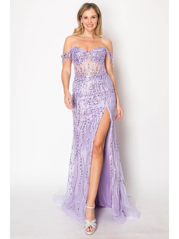 Chicas - Wholesale Gown - Women's - Off the Shoulder Sequin and Bead Long Dress C3313