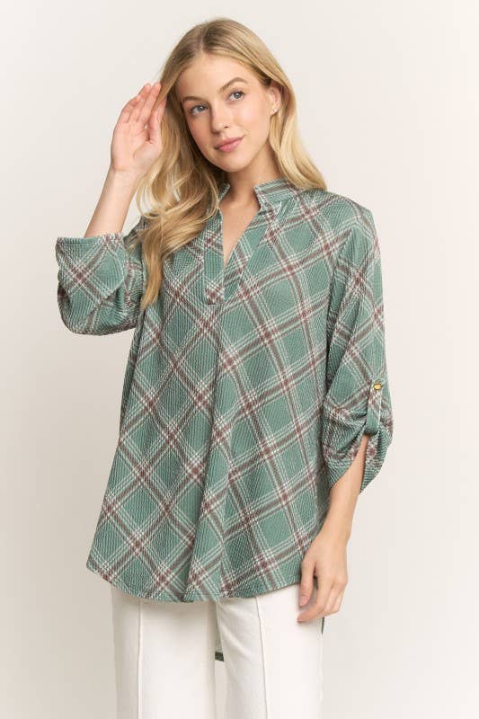 OLIJF ST1002-127 TOP MET KNOOPMOUWEN EN KRAAG IN VEELKLEURIG RUITPATROON voor groothandel op Faire1