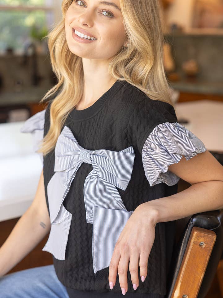 35615 Stripe Capped Ruffle Sleeve and Bow Cable Knit Top for wholesale by VOY