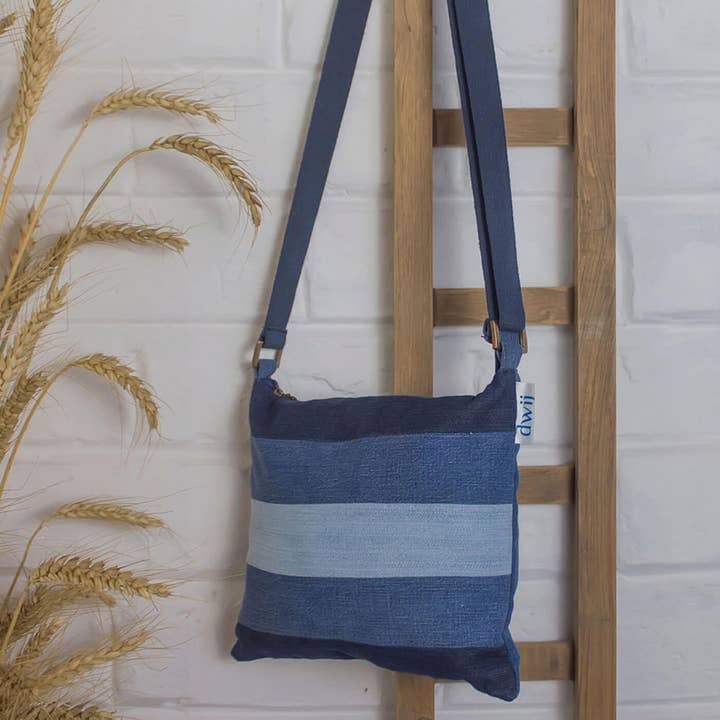 Striped Upcycled Denim Sling Bag for wholesale by Zwende