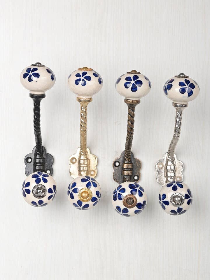 Dark Blue Off-white Decorative Handmade Ceramic Wall Hook |Coat Hanger|Vintage Wall Hanger |Metal Wall Hooks |Furniture Hardware| Bath Hanger for wholesale by KNOBCO