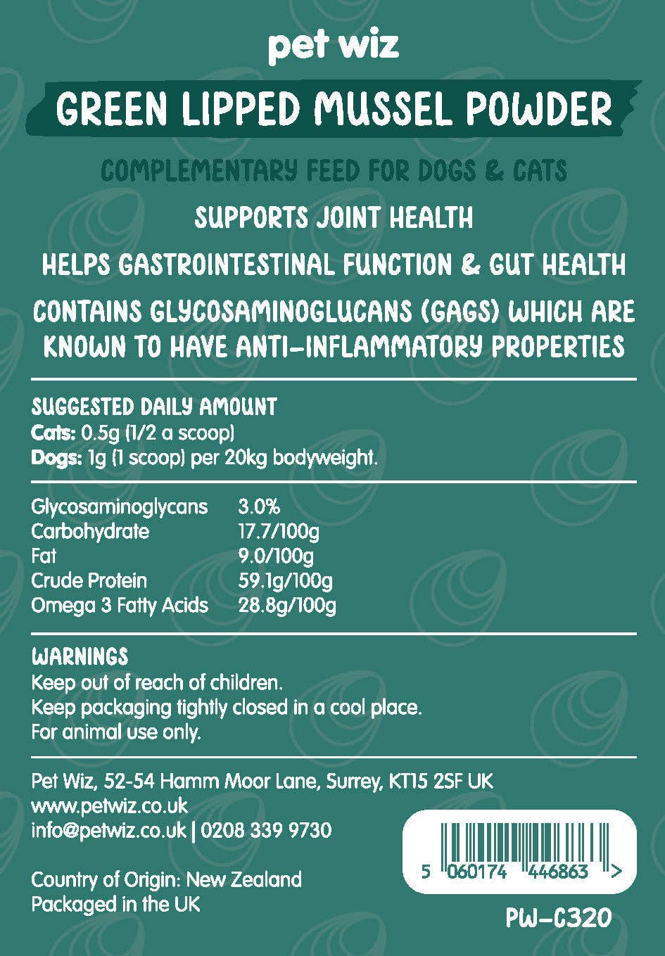 Pet Wiz - Vendita all'ingrosso Integratori - Cani e gatti - Polvere di cozze dalle labbra verdi - 100 g3