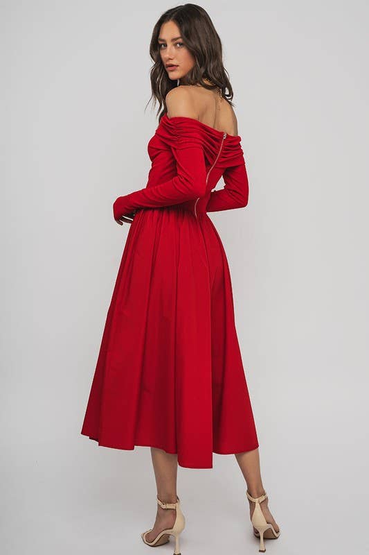 Urban Daizy - Wholesale Dress - Women's - Elegant Off Shoulder Ruched Long Sleeve Spring Midi Dress4