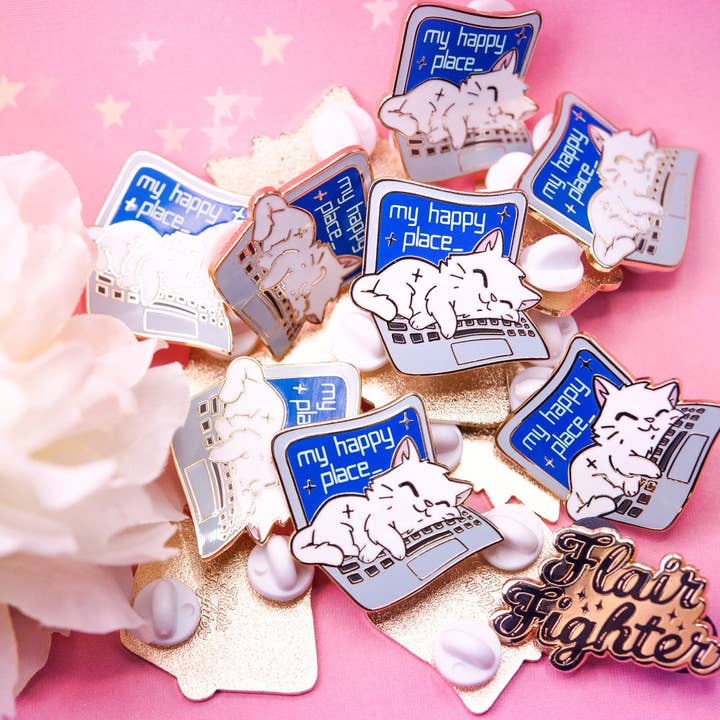 Flair Fighter - Wholesale Lapel Pin/Button - My Happy Place Laptop (Russian White Cat) Enamel Pin