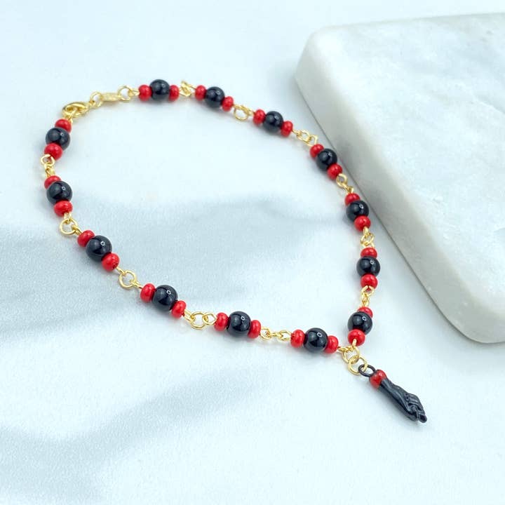 Luxus Accessories - Wholesale Anklet - 18k Gold Filled Azabache Style Link Chain with Black Figa Hand ANKLET, Protection against the Evil Eye & Negative Energy