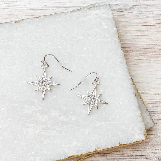 Prep Obsessed Wholesale - Wholesale Dangle Earrings - Rhinestone North Star Dangle Earrings - Silver1