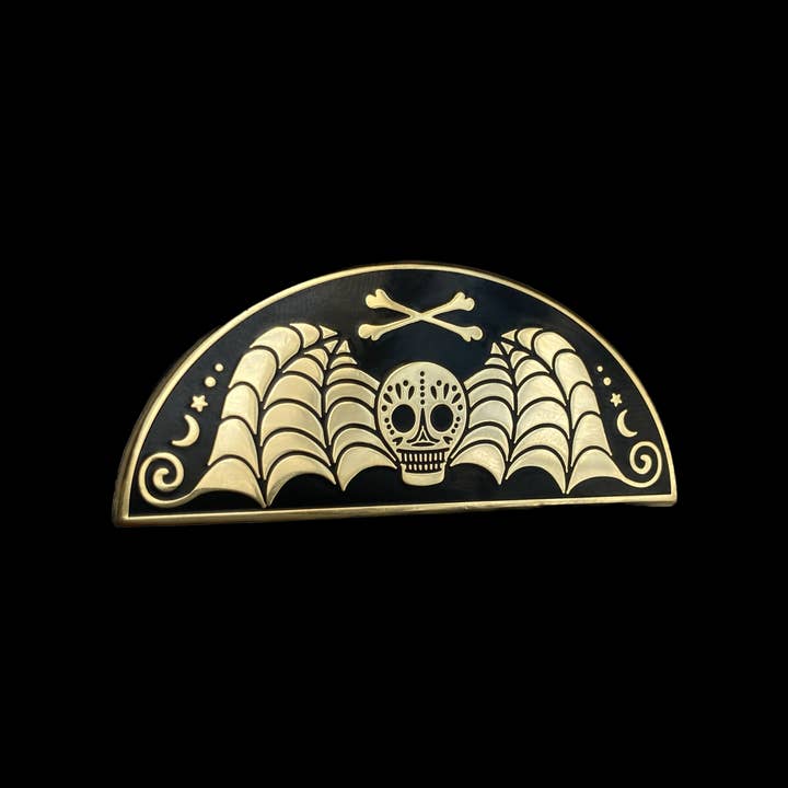 Soni Graves - Wholesale Lapel Pin/Button - Death's Head Pin: Golden Hard Enamel, Goth Spooky, Cemetery1