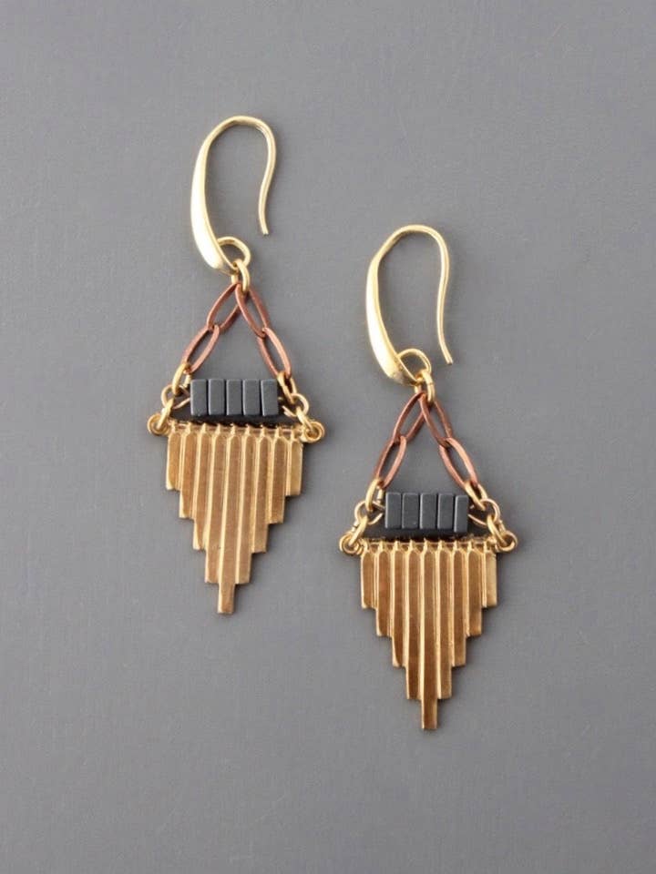 KMLE07 Geometric hematite and brass earrings for wholesale by David Aubrey Jewelry