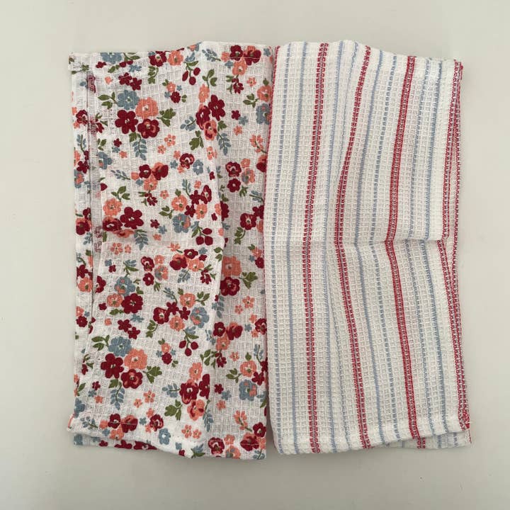 100% cotton red floral/stripe kitchen dishcloths - set of 2 for wholesale by fort & field