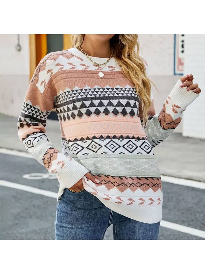 Lily Clothing - Wholesale Knit Sweater - Women's - WOMEN VINTAGE BOHEMIAN PRINTING KNIT SWEATER_CWOSWL0326