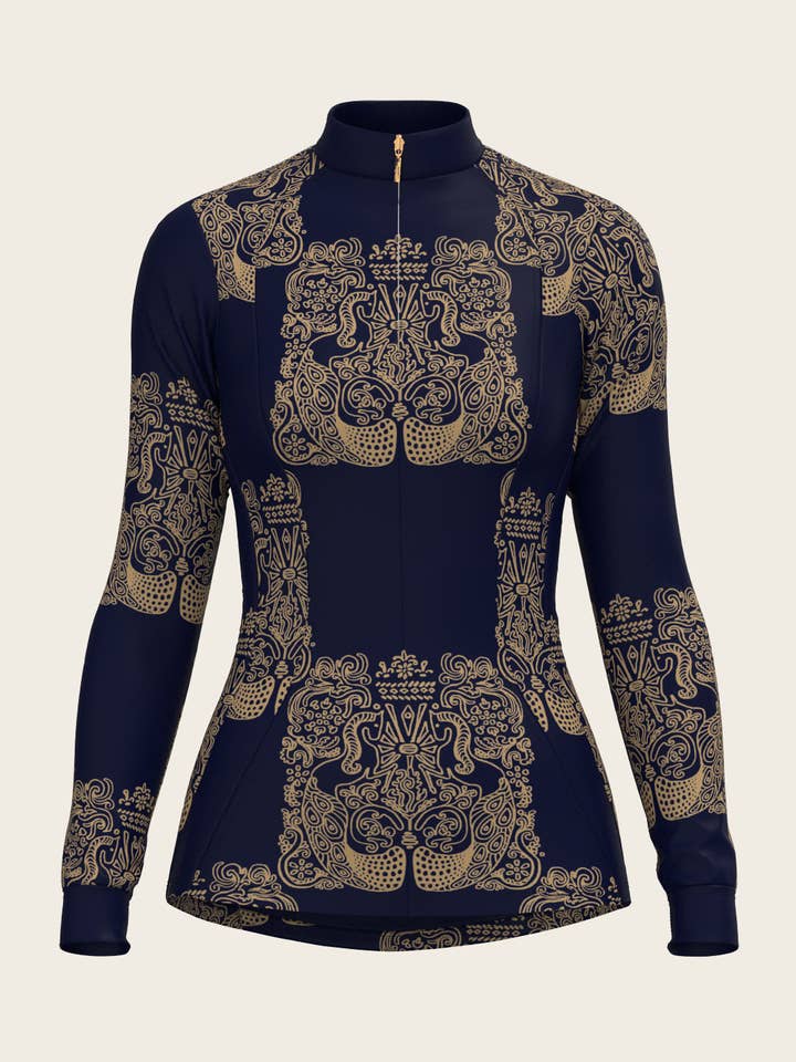 Camicia da sole a forma di cavallo a sirena in blu marino e oro per la vendita all'ingrosso da parte di Espoir Equestrian
