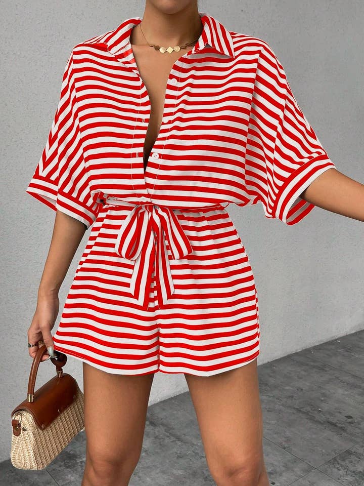 Comely Fashion - Wholesale Romper - Women's - Striped Buttons Up Summer Romper with Belt