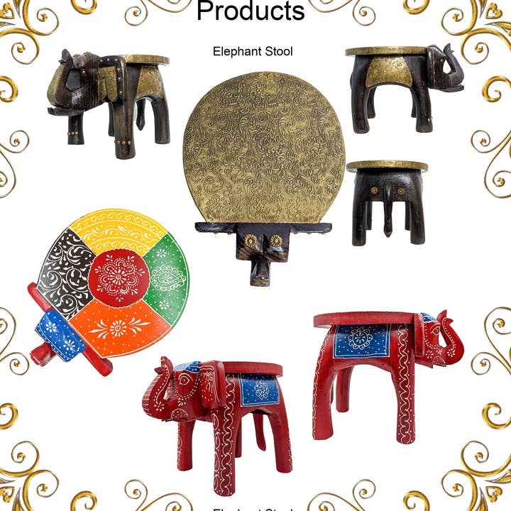 Hand Carved & Painted Elephant Stool - Home Decores for wholesale by Keeraft