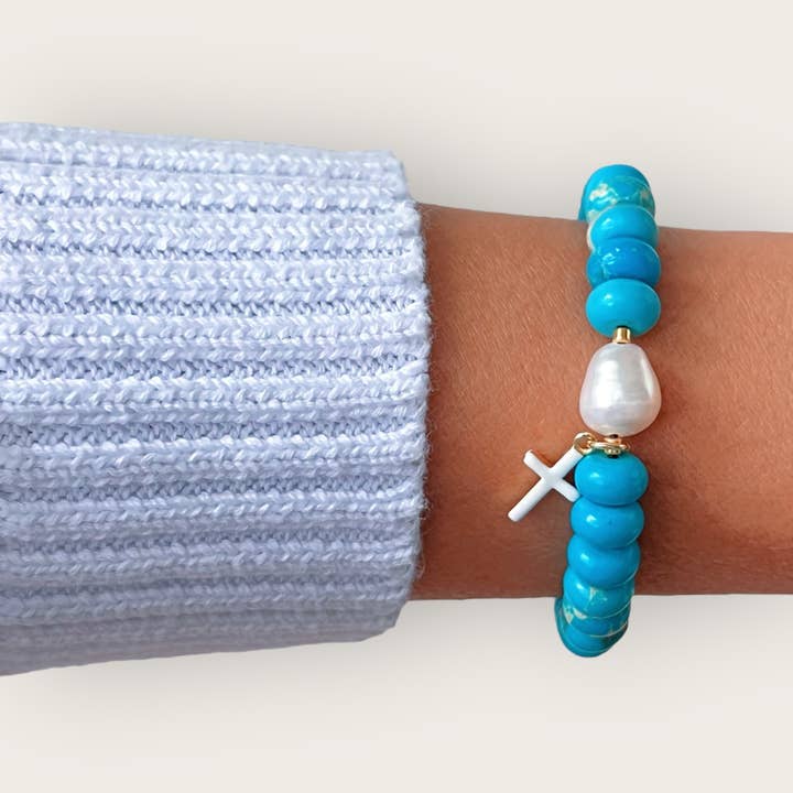 Mijn Energie Is Gebalanceerd en Gezegend — Turkoois, Parel & Kruis Armband voor wholesale door Georgina Nicol